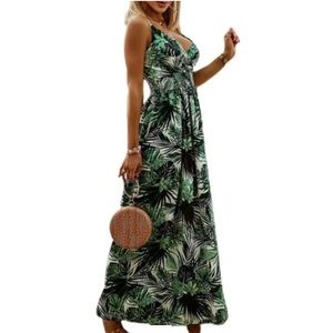 Blue/Green tropical leaf maxi dress